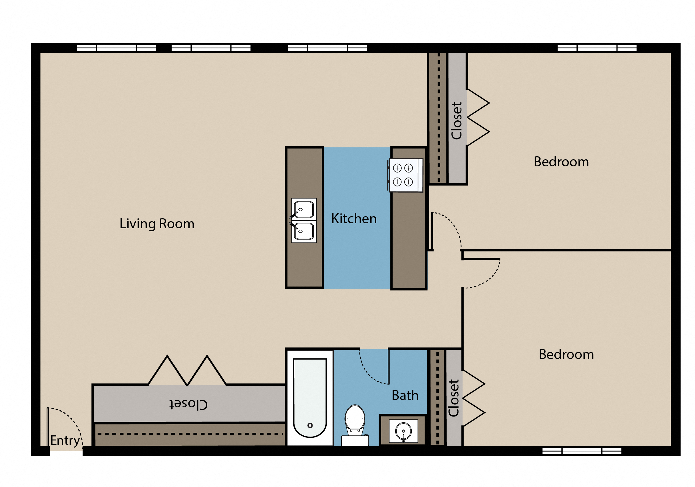 Floor plan for 2 beds, 1 bath, 850 sqft